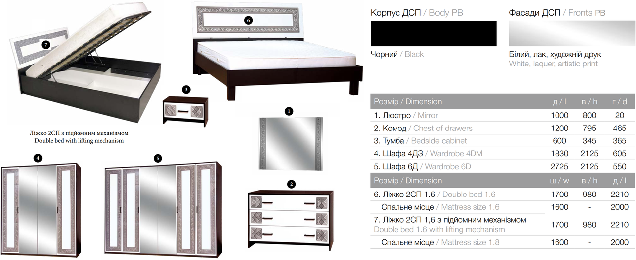 Спальный гарнитур Бася Новая с шкафом 6Д, ДСП Черный фасад Белый лак художественная печать (Світ Меблів TM) - фото 10 - id-p334264541