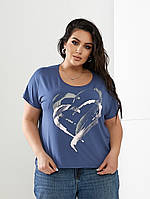 Повседневная женская летняя батальная футболка Сердце (р.52-56 оверсайз). Арт-2557/3 голубая