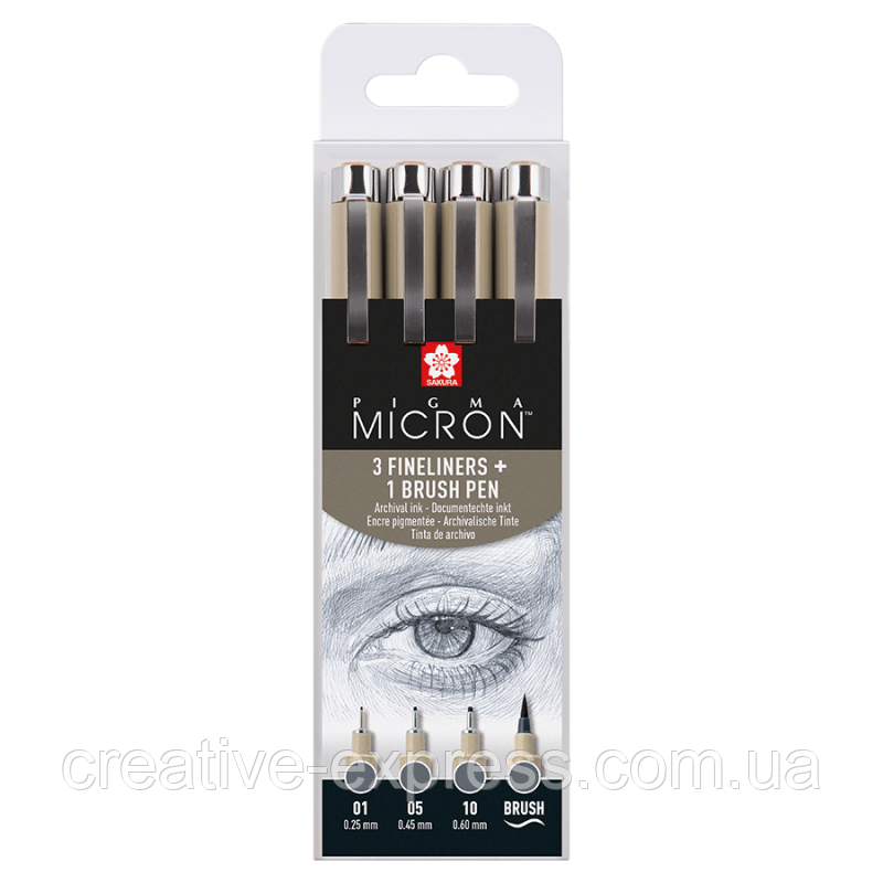 Набір лінерів PIGMA MICRON 4шт, (0.1/0.5/10/лінер-пензель Pigma Brush), Сірий, Sakura