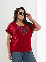 Повсякденна жіноча літня батальна футболка Серце (р.52-56 оверсайз). Арт-2563/3 бордова