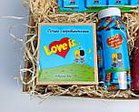 Романтичний набір подарунковий "Історія кохання ": 100 зізнань у коханні, перлини для ванни, шоколад-планшет Лав із, печиво, фото 9