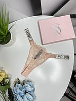 Трусики стрінги мереживні Вікторія Сікрет зі стразами рожеві Victoria's Secret
