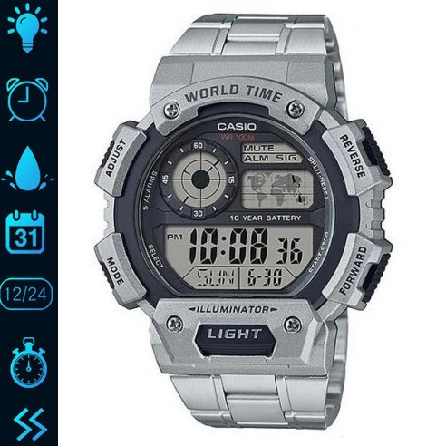 Годинник електронний Casio оригінал водонепроникний 10АТМ з підсвічуванням будильник сталевий браслет Касіо AE-1400