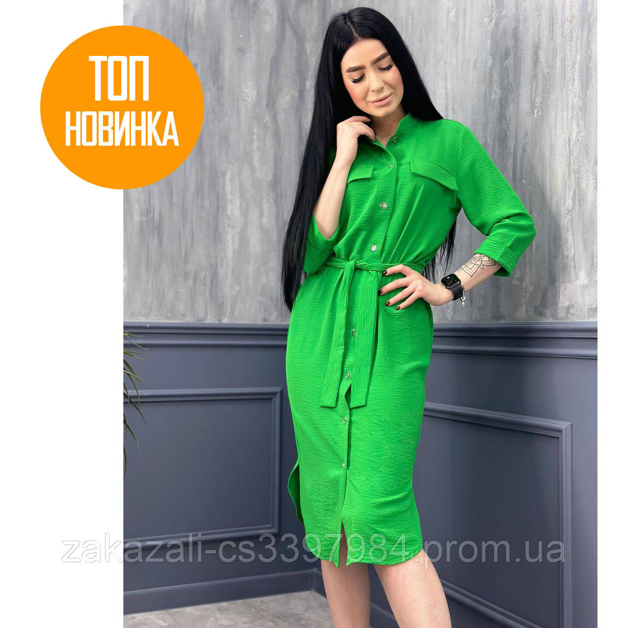 🔸 Жіноче стильне Плаття-Сорочка міді, на гудзиках, з поясом (42-44, 46-48, Американський креп) | Літня сукня Норма, фото 1