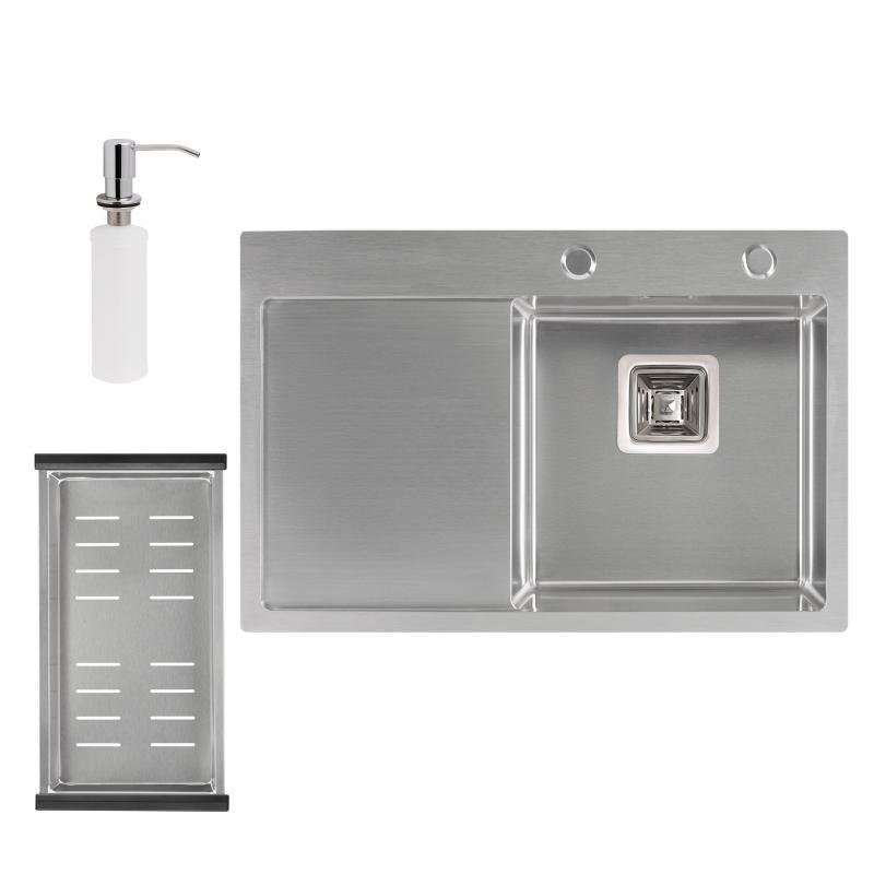 Раковина на кухню з нержавійки Qtap DK6845R 3.0/1.2 мм Satin у комплекті з сушаркою та дозатором для мийного засобу