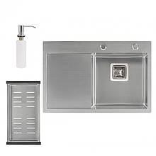 Набір 3 в 1 Qtap кухонна мийка DK6845R 3.0/1.2 мм Satin + сушарка + дозатор для мийного засобу