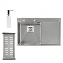 Набір 3 в 1 Qtap кухонна мийка DK7850L 3.0/1.2 мм Satin + сушарка + дозатор для мийного засобу