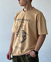 Оверсайз мужская футболка бежевая с принтом, футболка мужская с рисунком бежевого цвета GRUF