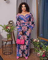 Стильный яркий летний женский брючный цветной костюм батал: блузка + брюки (р.48-52). Арт-2400/16 синяя вставка