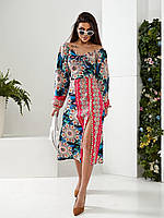 Красивое летнее сатиновое платье с принтом и разрезом на ноге (р.42-52). Арт-2404/16