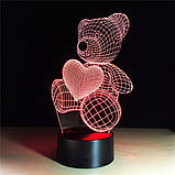 Подарунок дівчинці Світильник-нічник 3D з пультом керування Ведмедик із серцем, фото 2