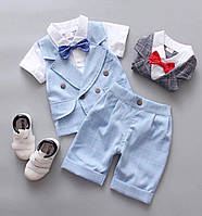 Детский летний нарядный костюм двойка для мальчиков, голубой классический костюмчик