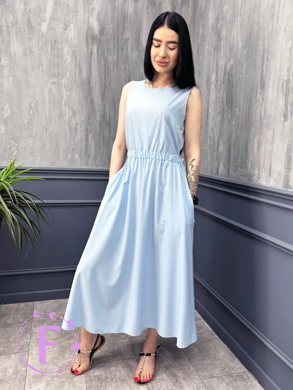 Літня довга сукня блакитного кольору розміри 42-52