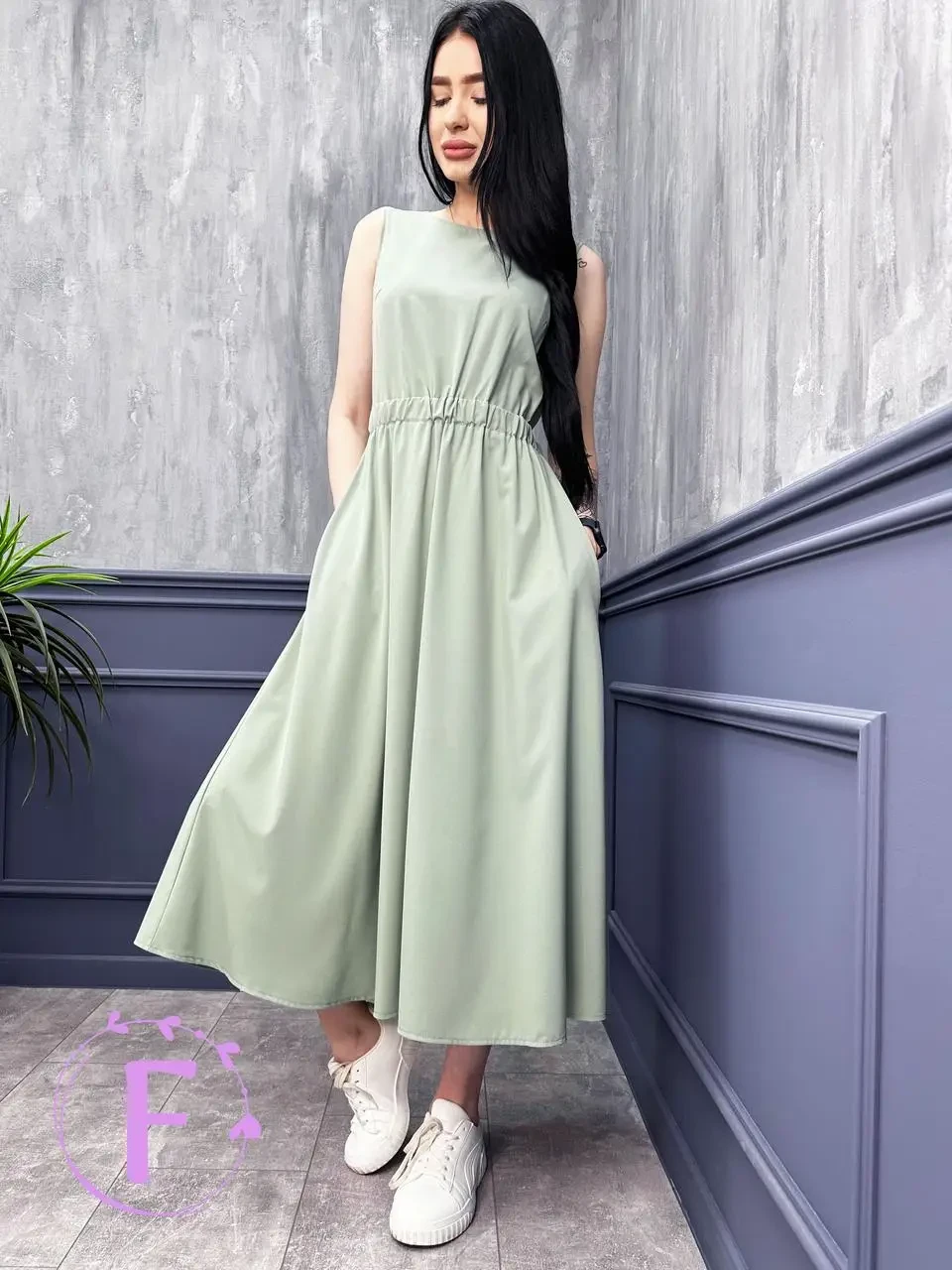 Довгий літній сарафан з відрізною талією з вшитою гумкою