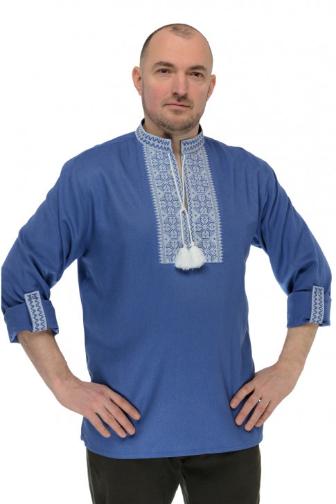 Чоловіча сорочка вишита з льна Модерн (блакитна с білою вишивкою)