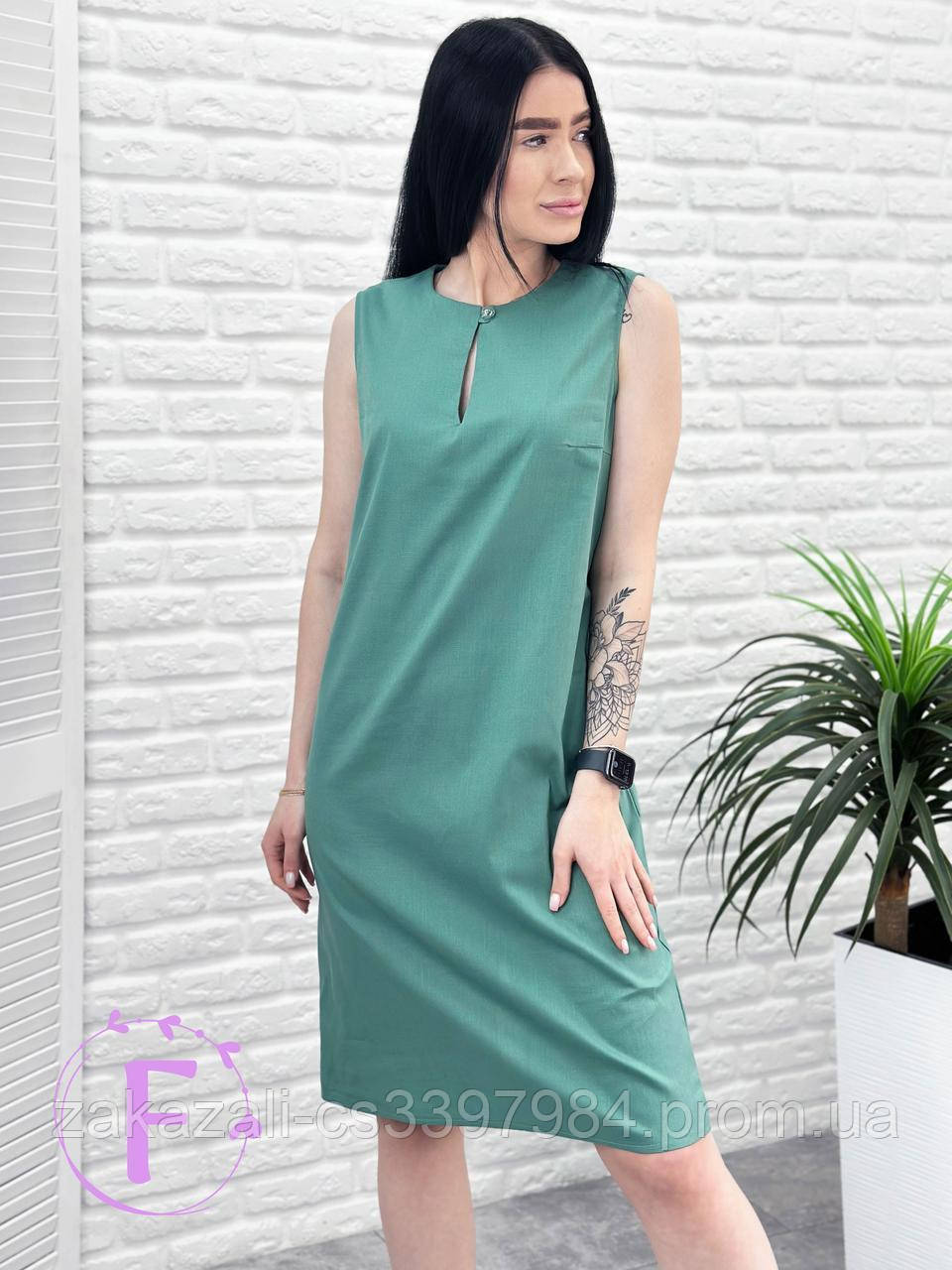 🔸 Літня сукня з льону на літо | Стильне лляне плаття-туніка прямого крою, до коліна, без рукавів | Норма, фото 1