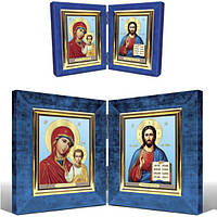 Икона складень бархатный 10х12 см (Господь Вседержитель и Матерь Божия Казанская) цвет - синий
