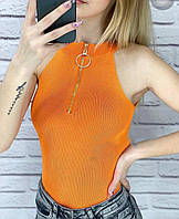 Женская трикотажная молодёжная стильная майка топ на змейке р. 46 (оверсайз) оранжевый