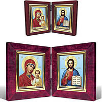 Икона складень бархатный 10х12 см (Господь Вседержитель и Матерь Божия Казанская) цвет - бордовый