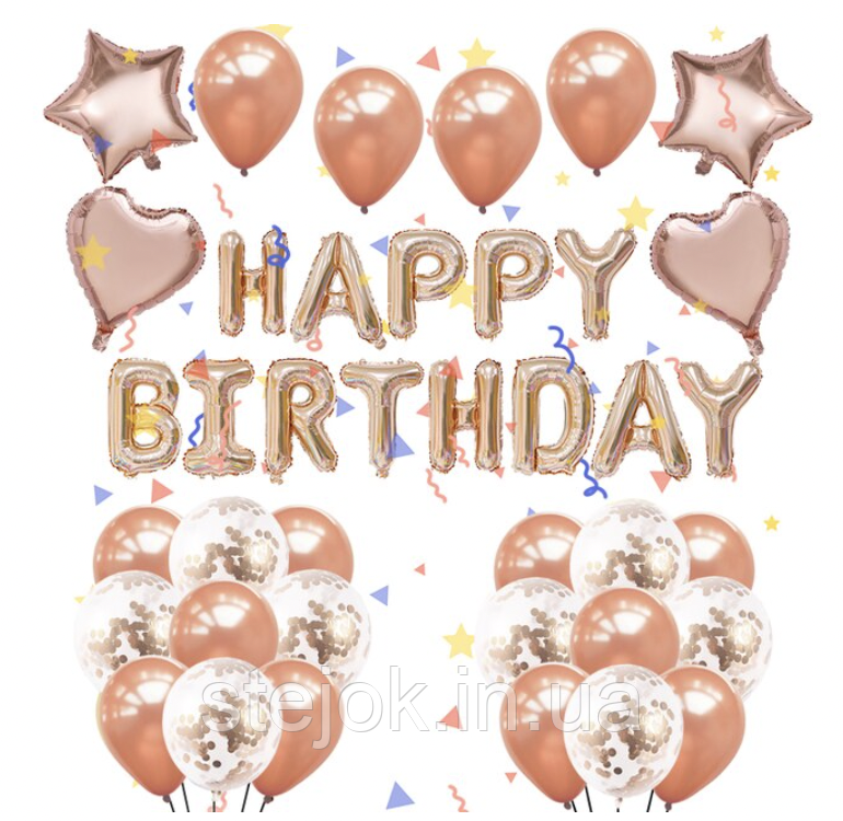Набір куль для фотозони з написом Хеппі Бездей, колір рожеве золото, фото 1