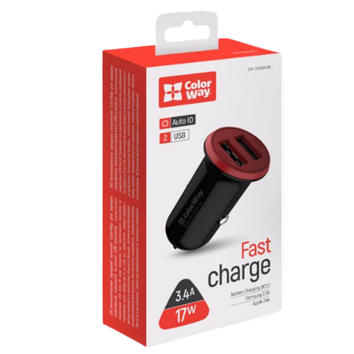 Автомобільний зарядний пристрій ColorWay CW-CHA026-BK 2USB 3,4А 17W червоний/чорний