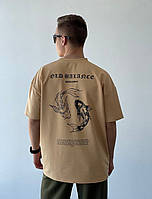 Летняя мужская оверсайз футболка бежевая с принтом на спине, футболка мужская GRUF с рисунком песочная