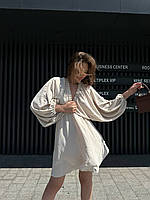 Сукня плаття жіноча міні з глибоким декольте та обʼємними рукавами жатка бежева пісочна S M L XL 2XL