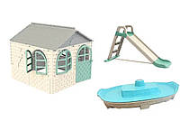 АКЦІЯ НАБІР Дитячий ігровий пластиковий будиночок зі шторками, дитяча пластикова гірка та пісочниця ТМ Doloni
