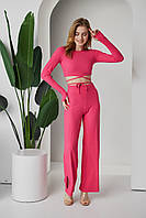 Костюм женский летний S размер 42 мустанговый брючный розовый костюм штаны и топ с завязками на талии на весну