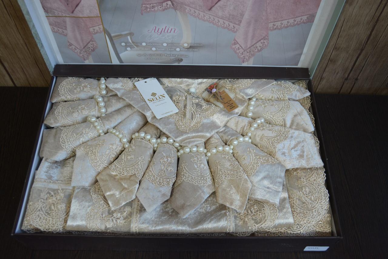 Велюрова скатертина з ранером Selin Aylin Set 160×220 + 12 серветок Беж