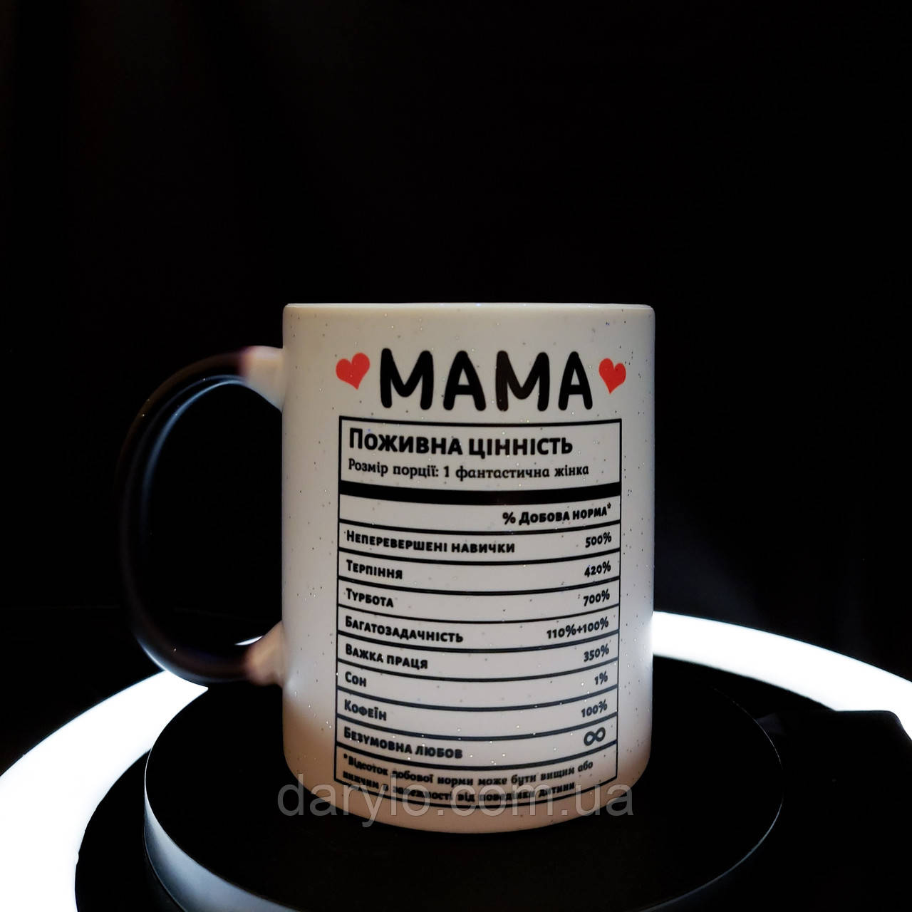 Чашка-хамелеон у подарунок мамі із принтом "Поживна цінність", 330 мл