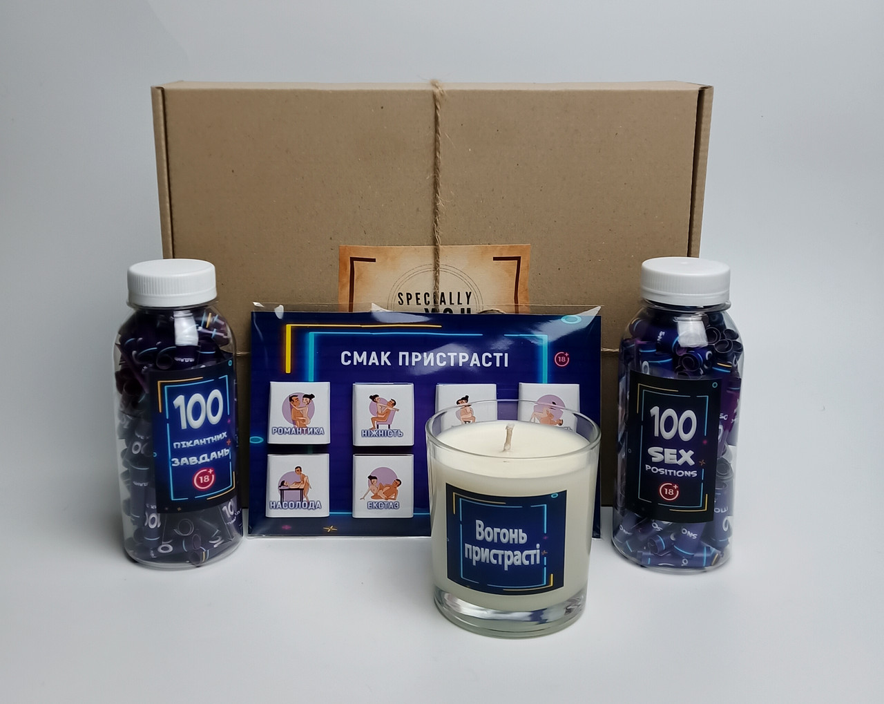 Бокс для дорослих "Крутий вечір удовох ": 100 сексі завдань, 100 секс позицій, шоколад з позами камасутри