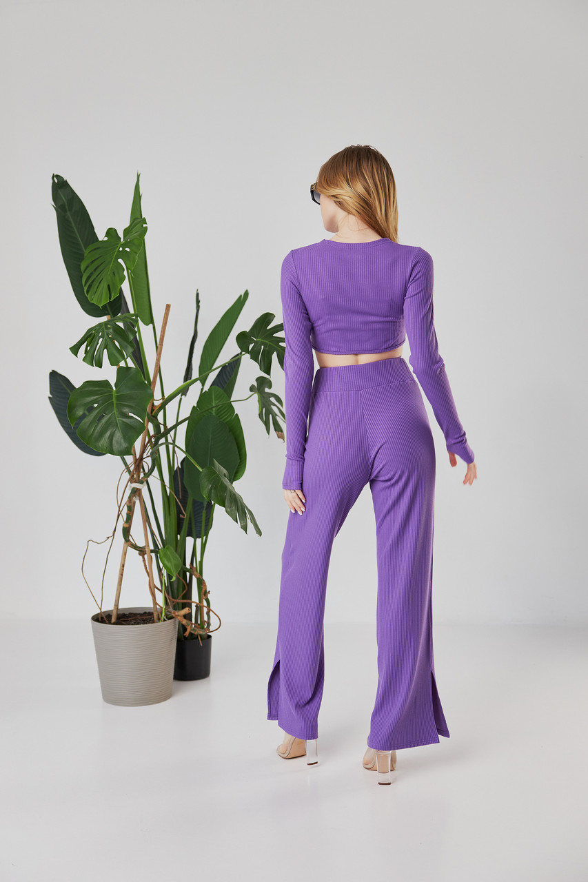 Костюм женский летний L размер 44/46 мустанговый брючный фиолетовый костюм штаны и топ с завязками на талии на - фото 2 - id-p1839079618