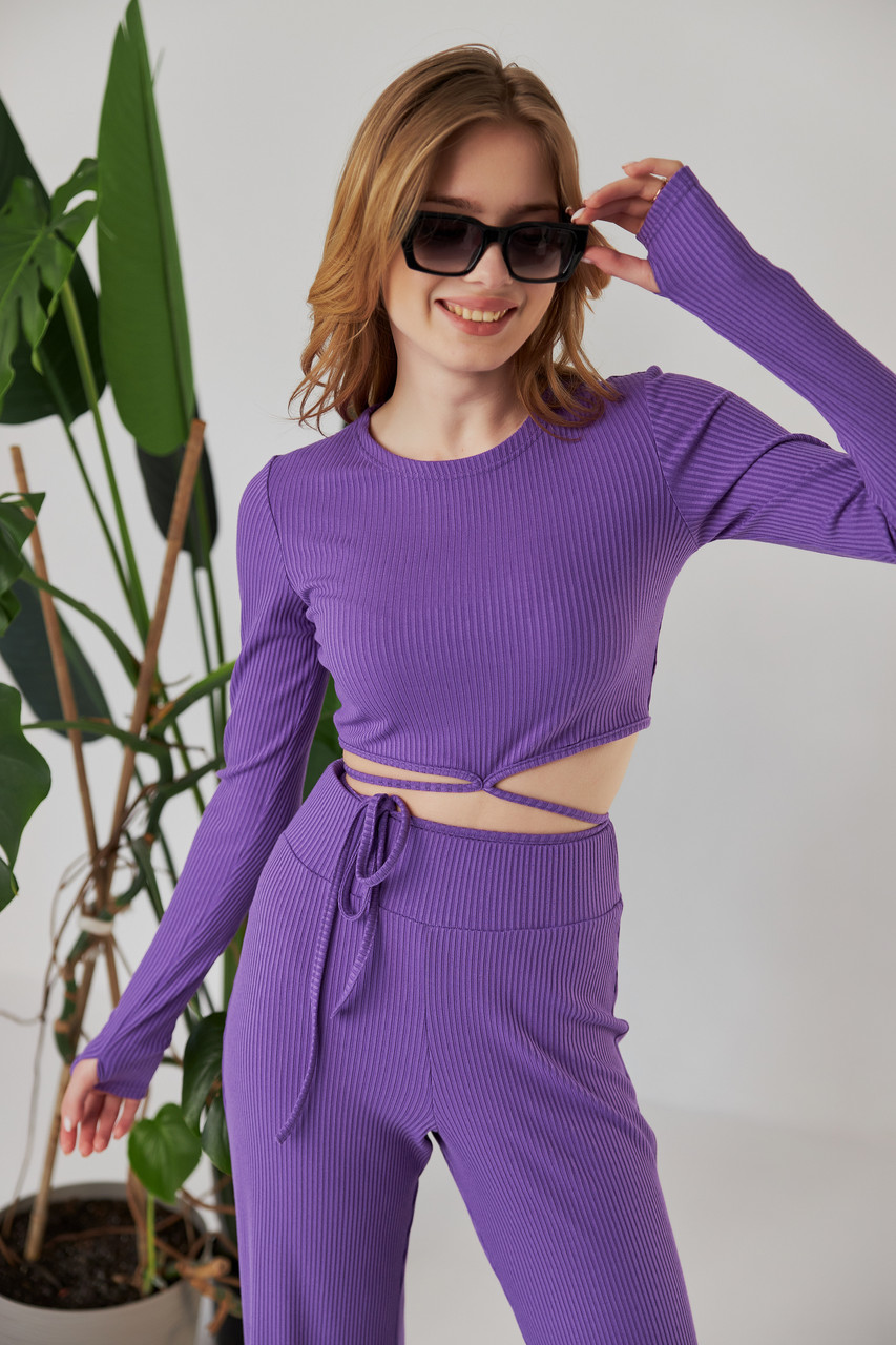 Костюм женский летний L размер 44/46 мустанговый брючный фиолетовый костюм штаны и топ с завязками на талии на - фото 5 - id-p1839079618