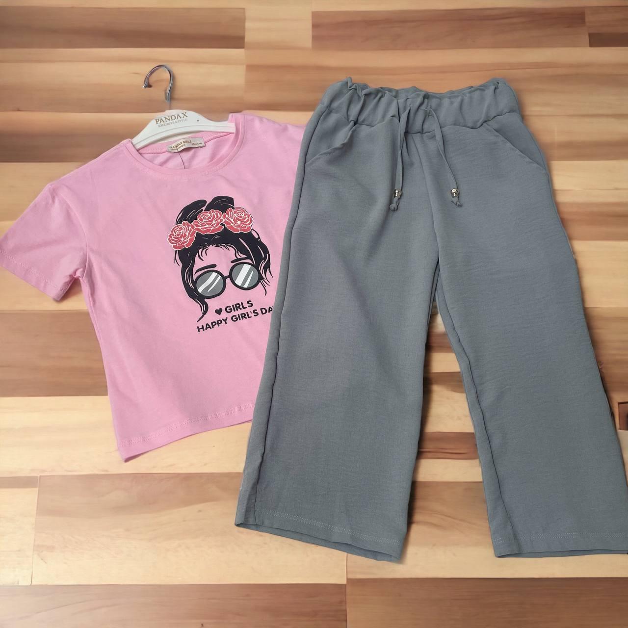 Спортивний дитячий костюм на дівчинку, рожевий + сірий, футболка + штани, TP Pandax (7-10 л.)