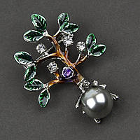 Брошка металева на сріблястій основі дерево з намистиною і фіанітами покрита кольоровою емаллю розмір 40Х30 мм