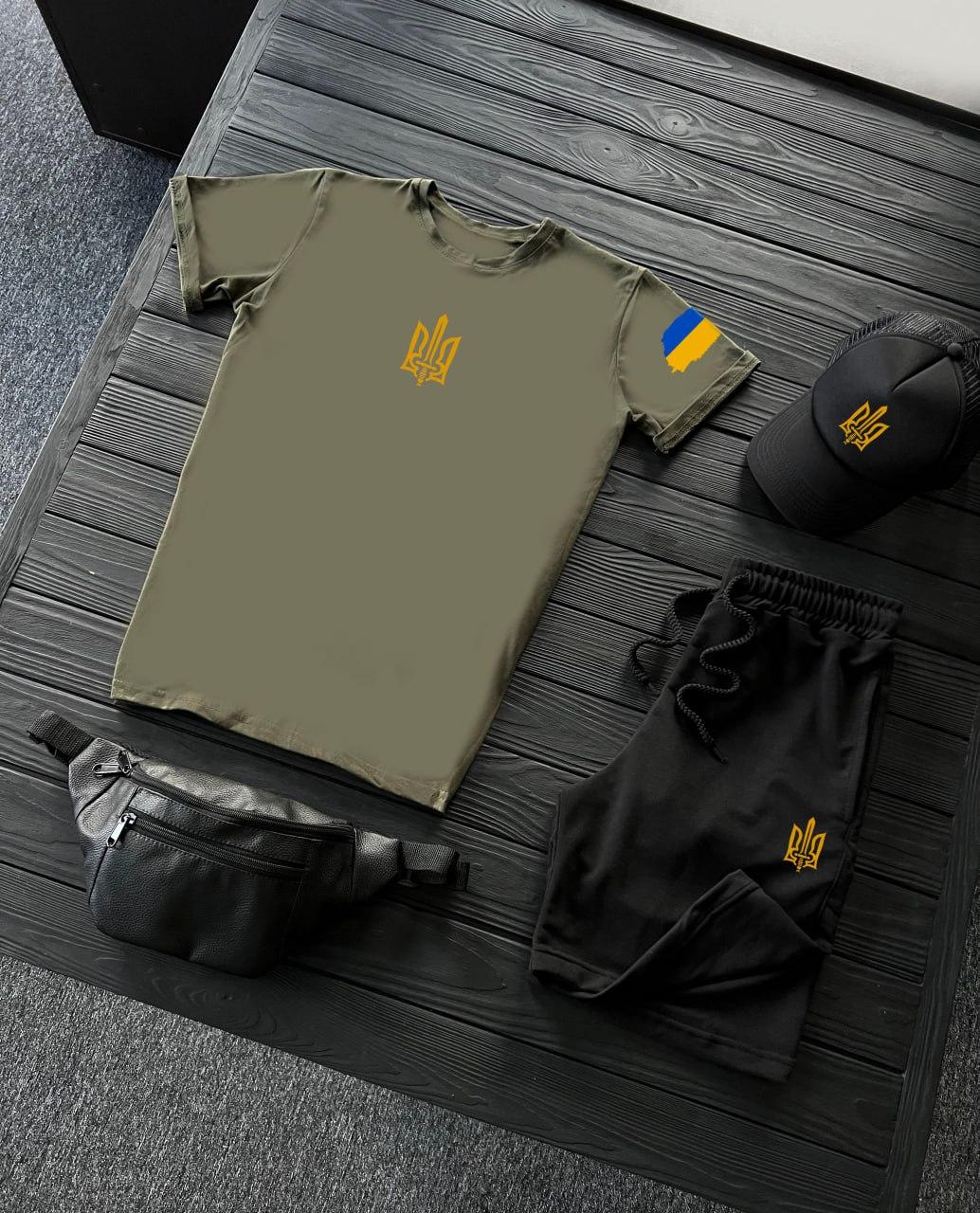 Комплект літній чоловічий з Тризубом України | Футболка + шорти + кепка + бананка KZ 377777