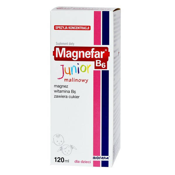 

Magnefar B6 Junior сироп с малиновыйм вкусом для детей и взрослых, 120 мл