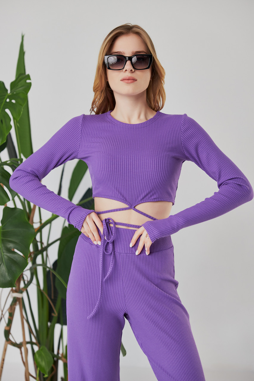 Женский костюм летний L размер 46 мустанговый брючный фиолетовый костюм штаны и топ с завязками на талии - фото 1 - id-p1839171311