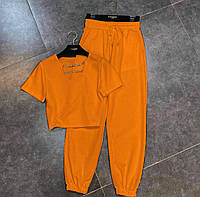 Женский базовый молодежный спортивный костюм двойка футболка и штаны (серый, белый, капучино, черный, оранж) Оранжевый, 42/44