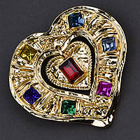 Брошка металева на золотистій основі серце з різнобарвними кристалами та висувкою розмір 50Х50 мм