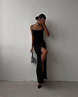 Женское красивое однотонное чёрное вечернее длинное платье (42/44, 44/46)