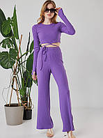 Костюм женский летний S размер 42 мустанговый брючный фиолетовый костюм штаны и топ с завязками на талии на