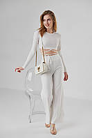 Костюм женский летний L размер 44/46 мустанговый брючный белый костюм штаны и топ с завязками на талии на