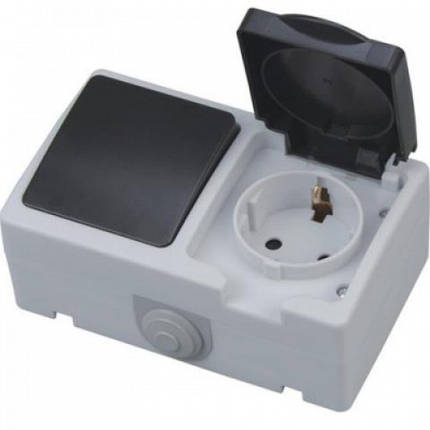 Вимикач 1-й + розетка Horoz ATOM IP54 накладна із заземленням із кришкою 112-100-0003-010, фото 1