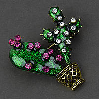 Брошка металева на золотистій основі кактус із колючками та стразами покрита кольоровою емаллю розмір 40Х40 мм
