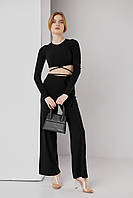 Костюм женский летний S размер 42 мустанговый брючный черный костюм штаны и топ с завязками на талии на весну