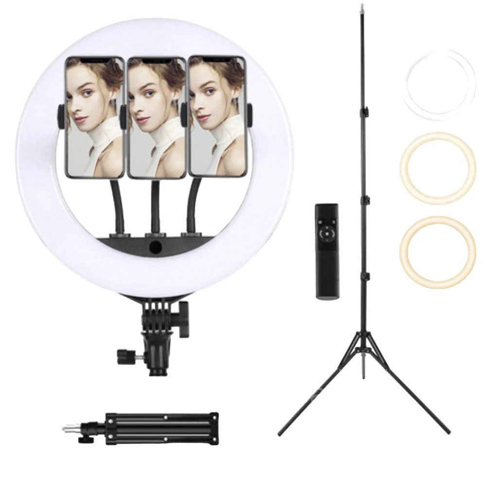 Кільцева професійна лампа 35 см на штативі HQ-14N з пультом та трьома тримачами для телефону в сумці, фото 1