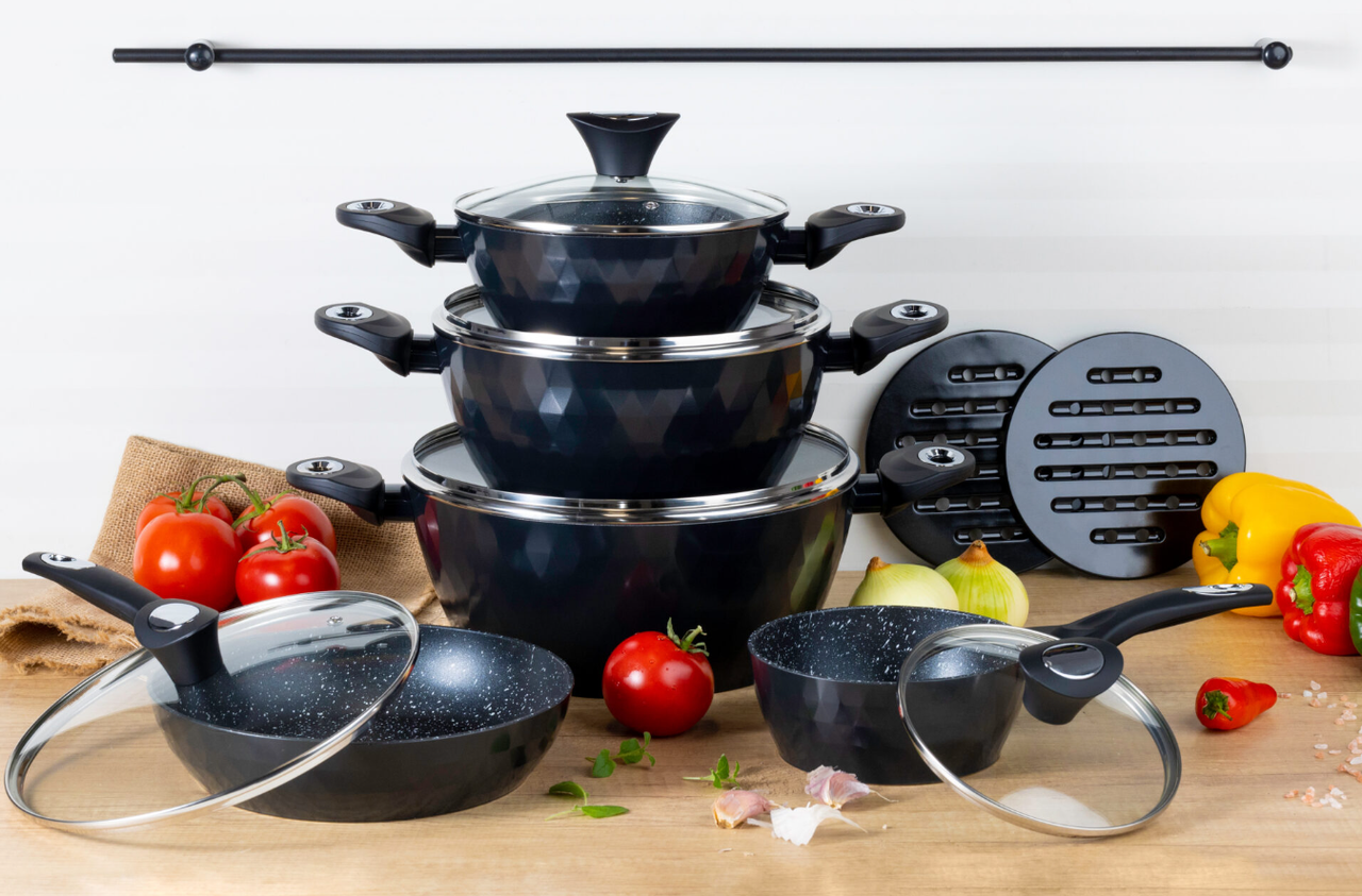 Набір кухонного посуду 12 предметів із мармуровим покриттям Edenberg EB-5636 / Набір каструль (казанов), фото 1