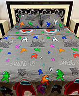 Детский комплект постельного белья Бязь голд люкс Серый с разноцветными мультяшками Полуторный размер 150х220